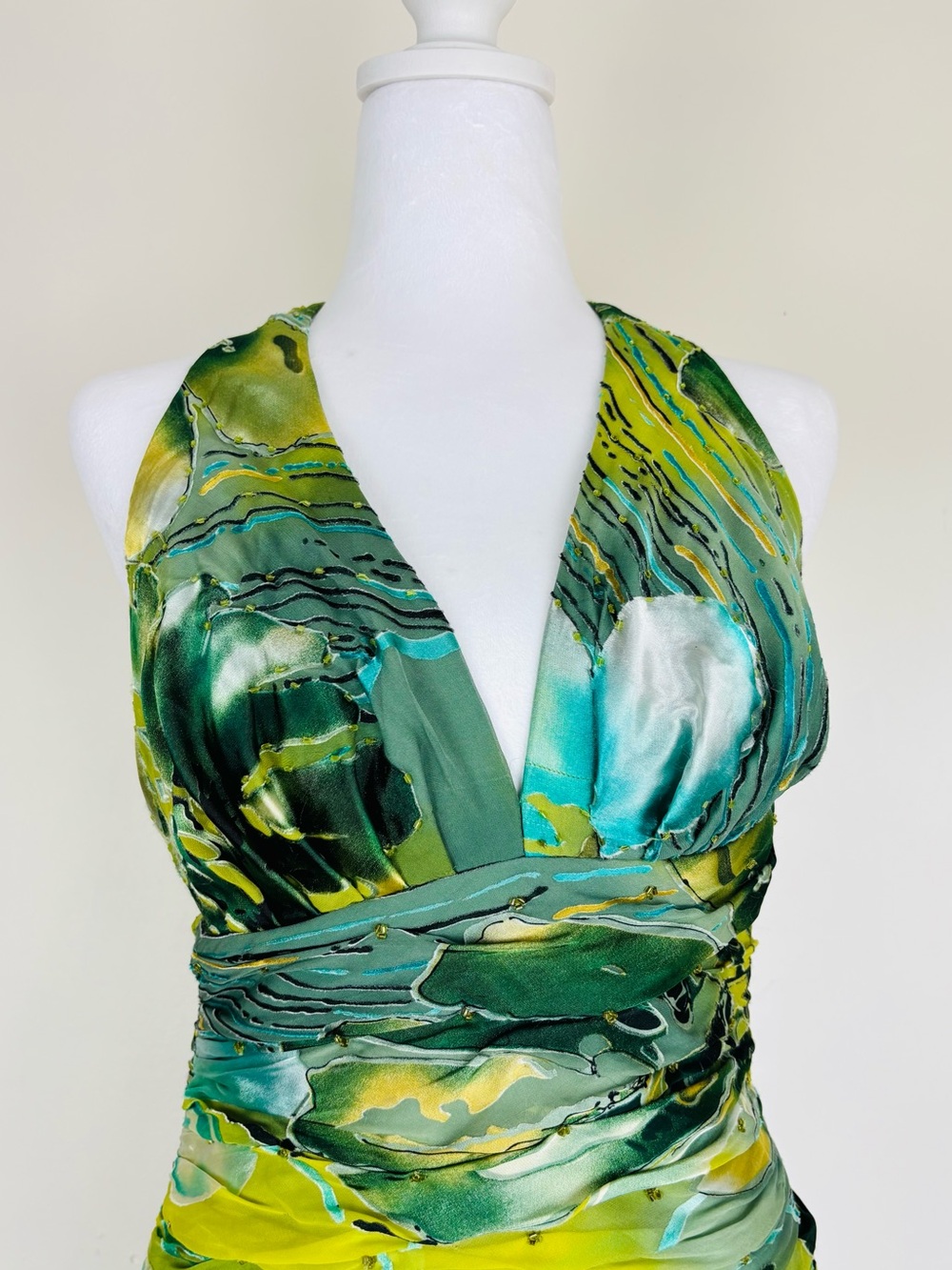 Vintage Artwear Silk Blend Burnout Velvet Beaded Halter Maxi Gown Green Abstract - Picture 4 of 14